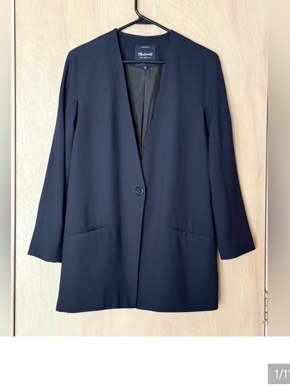 Madewell Flatiron Blazer Navy Blue Collarless Single Button Jacket Size 0